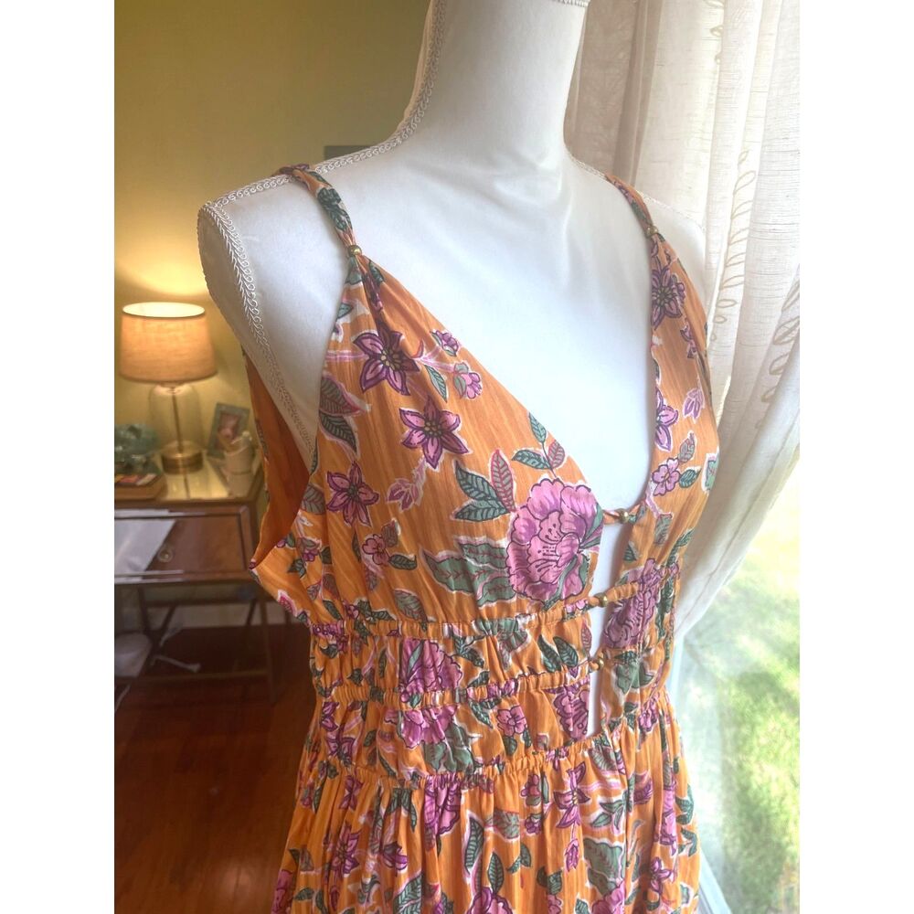 Boho Floral Smocked Cutout Maxi Dress V Neck Euro Summer Resort Quiet Luxury L - Picture 12 of 13